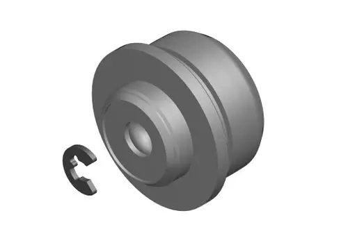 Zeichnung eines grauen Ventiltellers mit einer gewellten Kante, daneben ein Sicherungsring. Produkt von Bosch zur Verwendung in Ventilsystemen.